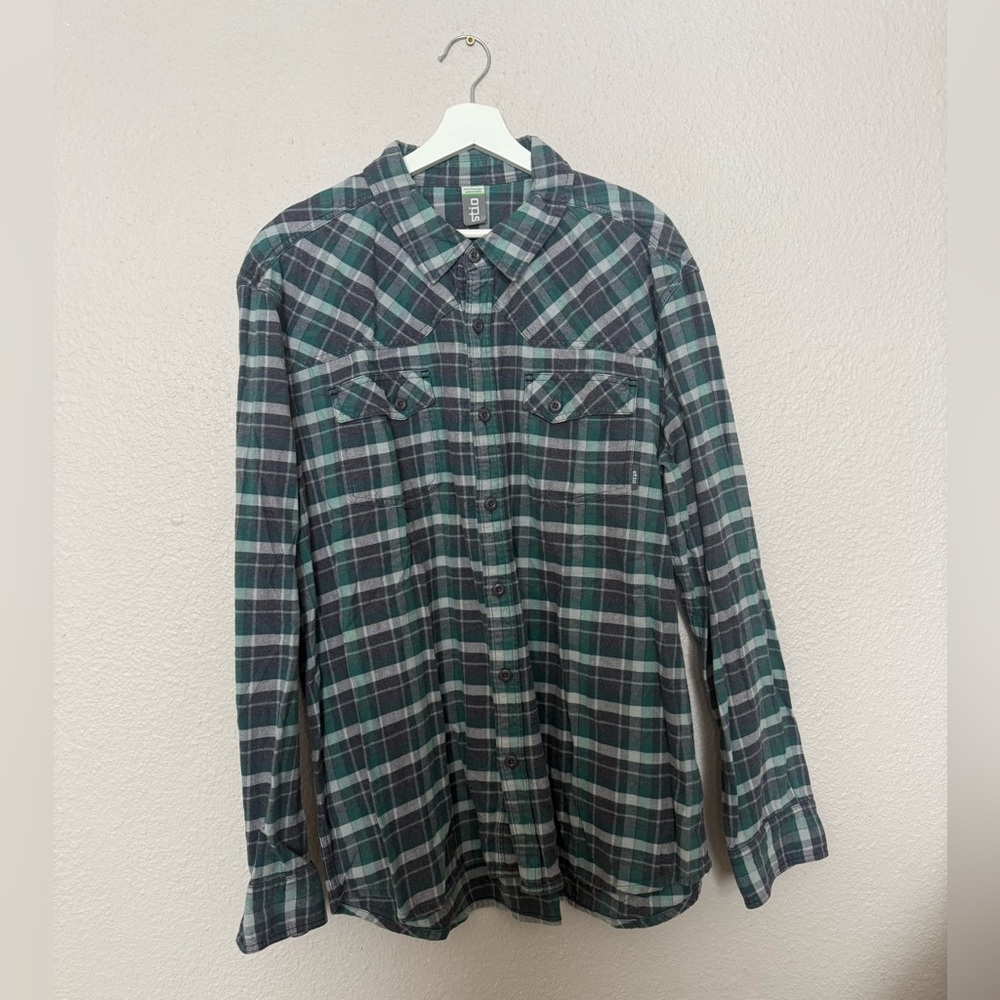 Stio Men’s Button Down Flannel - Grey & Green - Long Sleeve XXL
